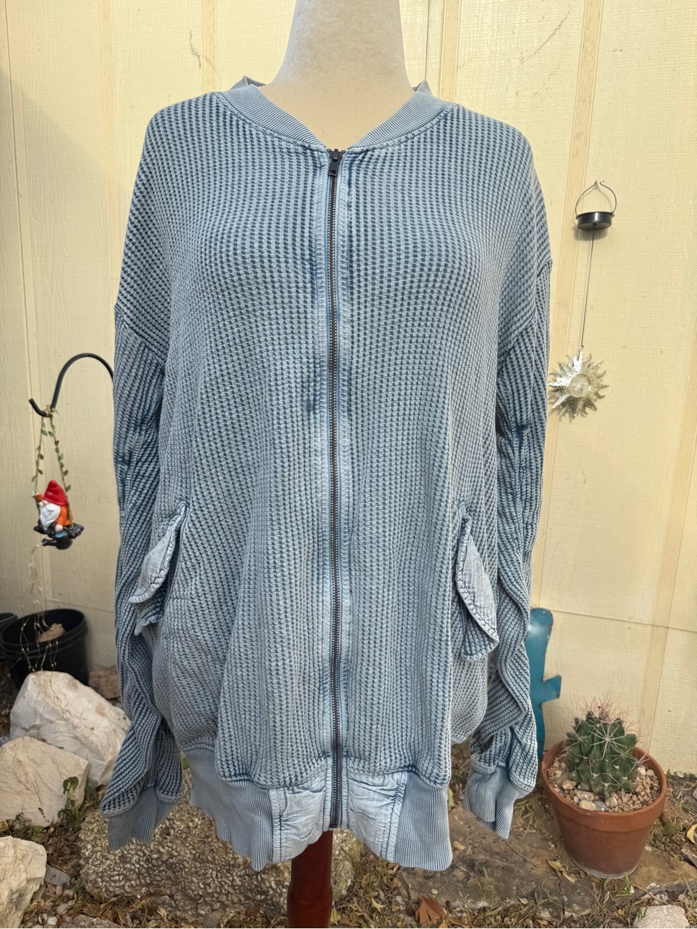 Free People FP One Lupo Waffle Zip Cardigan Distressed Grunge